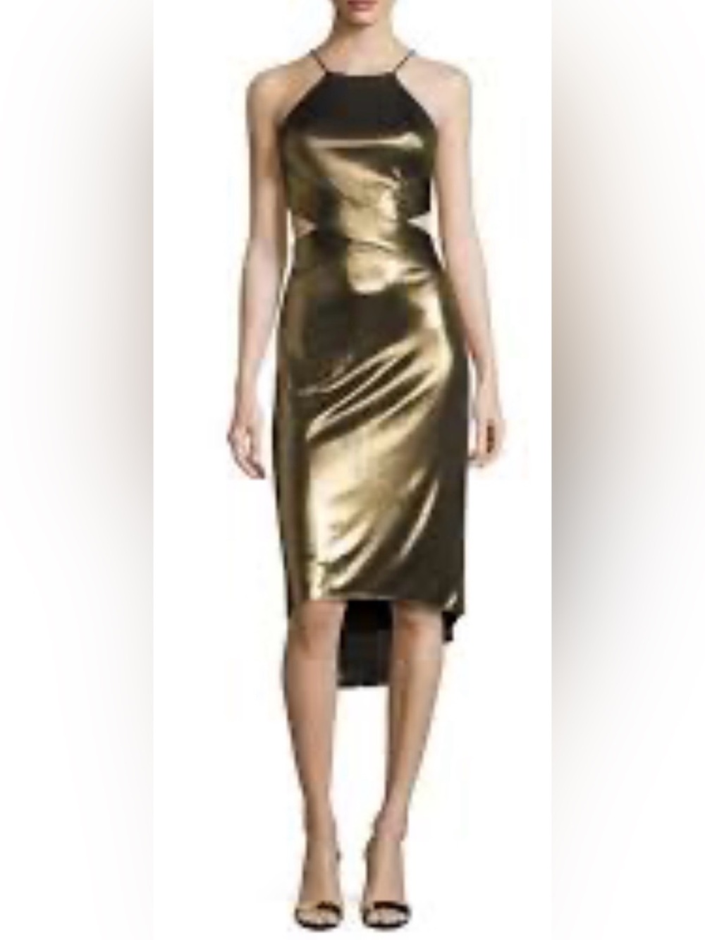 Halston Heritage Gold Lamé Cutout Cocktail Dress Sz 12